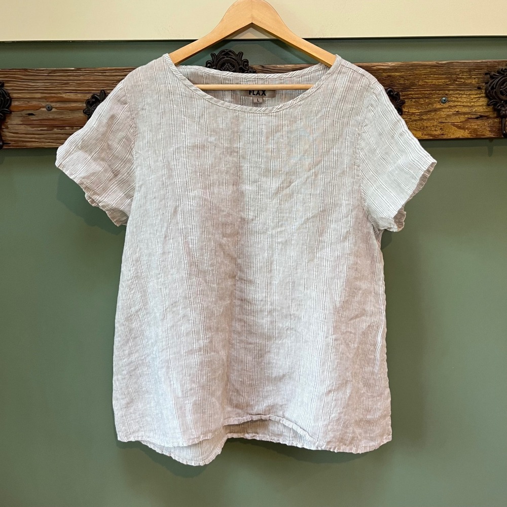 FLAX Womens Large Gray White Pinstripe 100% Linen Short Sleeve Lagenlook Top